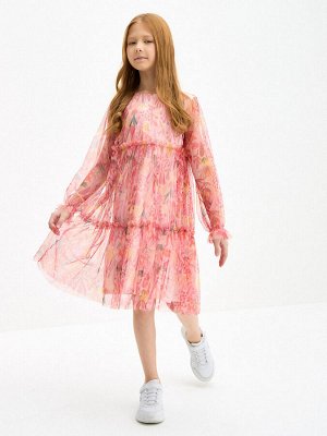Платье для девочки, пудровый, разноцветная набивка