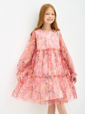 Платье для девочки, пудровый, разноцветная набивка