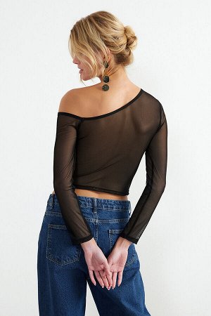 Черная асимметричная блузка из тюля с прозрачной спиной