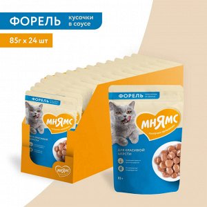 Влажный корм Мнямс Кусочки в соусе с форелью для красивой шерсти кошек 85г
