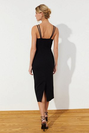 Trendyomilla Черное облегающее тканое платье-миди