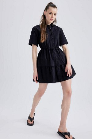 Мини-платье из 100% хлопка из поплина с короткими рукавами и воротником-рубашкой