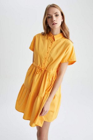 Мини-платье из 100% хлопка из поплина с короткими рукавами и воротником-рубашкой