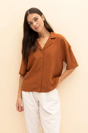 Рубашка из смесового льна с коротким рукавом и пижамным воротником Relax Fit