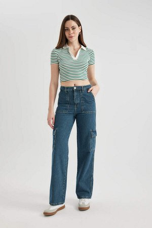 Широкие длинные джинсовые брюки-карго с высокой талией
