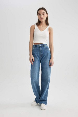DEFACTO Длинные джинсовые брюки с широкими штанинами и высокой талией в стиле 90-х с вырезом
