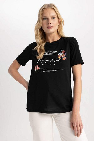 DEFACTO Традиционная футболка обычного кроя с круглым вырезом и цветочным принтом с короткими рукавами