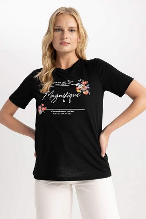 DEFACTO Традиционная футболка обычного кроя с круглым вырезом и цветочным принтом с короткими рукавами