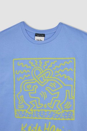 DEFACTO Футболка из 100% хлопка с короткими рукавами и принтом Keith Haring Oversize с круглым вырезом на спине