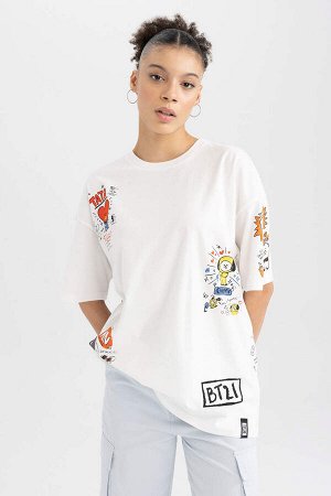 DEFACTO Футболка Cool BT21 Oversize с короткими рукавами и принтом на спине из 100% хлопка