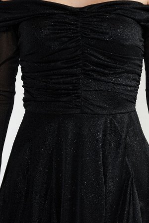 Черное элегантное вечернее платье с открытой талией/скейтером из блестящего тюля