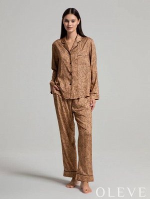 Пижамный комплект с брюками и рубашкой свободного силуэта с длинными рукавами