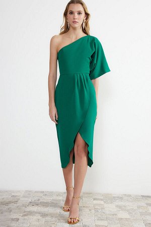 Изумрудно-зеленое тканое платье миди с открытой талией и плиссированной юбкой