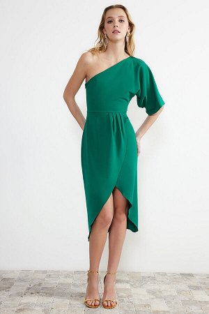 Изумрудно-зеленое тканое платье миди с открытой талией и плиссированной юбкой