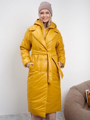 Пальто женское Тренчкот еврозима с капюшоном горчица