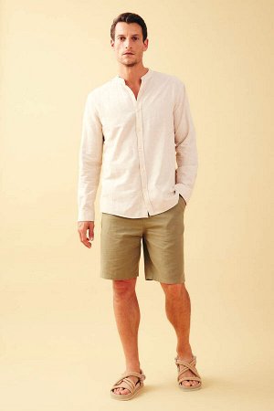 DEFACTO Рубашка из смесового льна с длинным рукавом и воротником Modern Fit