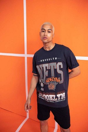 DeFactoFit Футболка свободного кроя NBA Brooklyn Nets из 100% хлопка с круглым вырезом и принтом с короткими рукавами