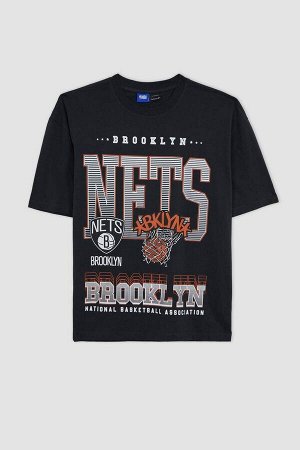 DeFactoFit Футболка свободного кроя NBA Brooklyn Nets из 100% хлопка с круглым вырезом и принтом с короткими рукавами