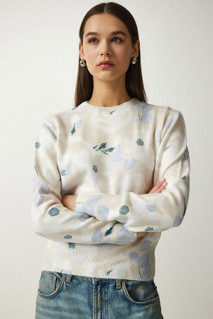 Женский бежево-синий свитер из мягкого текстурированного трикотажа с рисунком LU00022