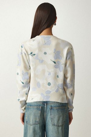 Женский бежево-синий свитер из мягкого текстурированного трикотажа с рисунком LU00022