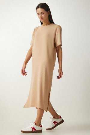 Женское бежевое вязаное вельветовое платье с круглым вырезом DZ00111