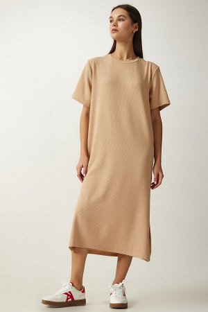 Женское бежевое вязаное вельветовое платье с круглым вырезом DZ00111