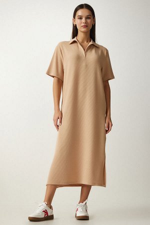 Женское бежевое вязаное вельветовое платье с воротником-поло DZ00110