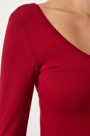 Женская бордовая вискозная трикотажная блузка с широким U-образным вырезом RX00043