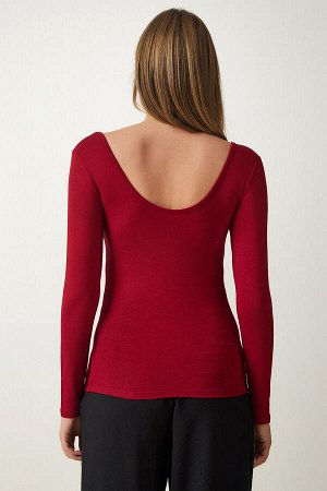 Женская бордовая вискозная трикотажная блузка с широким U-образным вырезом RX00043
