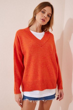 Женский оранжевый вязаный свитер оверсайз с v-образным вырезом BV00003