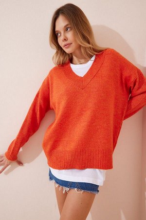 Женский оранжевый вязаный свитер оверсайз с v-образным вырезом BV00003
