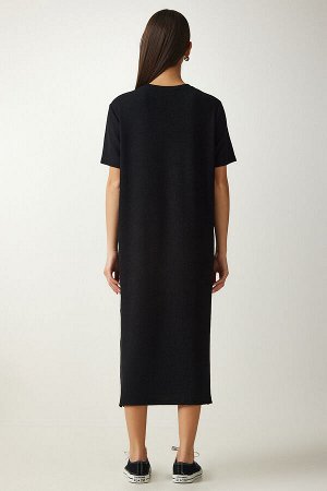 Женское черное трикотажное платье в рубчик с круглым вырезом DZ00111