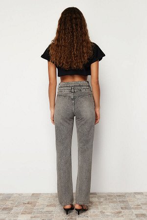 Trendyomilla Антрацитовые широкие джинсы с высокой талией и двойным поясом