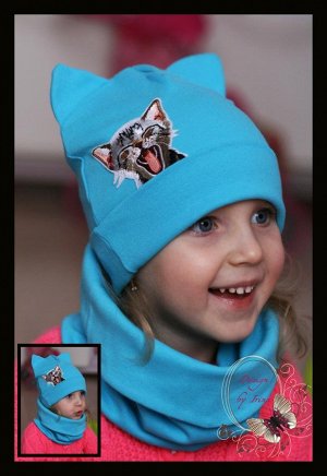 Шапка -кошка «CRAZY CAT» с шарфом восьмерка на кнопках