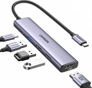 Конвертер многофункциональный USB-C - HDMI+1xUSB3.0 A+2xUSB2.0 A+PD Power Converter, Ugreen