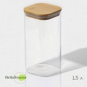 Банка для сыпучих продуктов BellaTenero «Эко. Квадратная», 1.5 л, 10*21 см, с бамбуковой крышкой, стекло, прозрачная