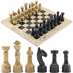 Шахматы из ракушечника и мрамора черного (250*250мм) уп. бархат