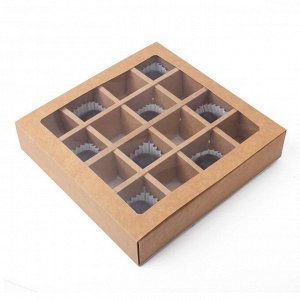 Коробка складная под 16 конфет с окном, крафт, 17,7 х 17,7 х 3,8 см