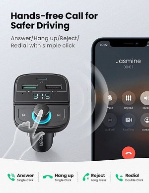 FM-трансмиттер для автомобиля с зарядкой PD/QC 3.0 Bluetooth 5.0 Ugreen