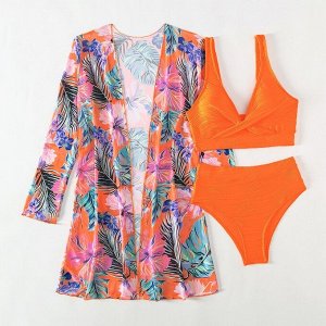 Женский пляжный комплект: фактурный раздельный купальник (топ-лиф со съемными чашками + трусики-бикини с высокой посадкой) + сетчатая накидка, с цветочным принтом, оранжевый