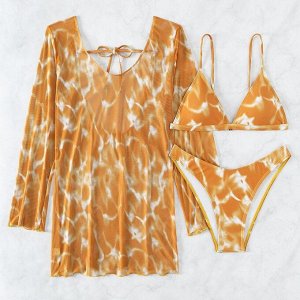 Женский пляжный комплект: раздельный купальник (лиф со съемными чашками + трусики-бикини) + платье-накидка с открытой спиной, с принтом, горчично-желтый