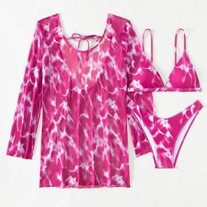 Женский пляжный комплект: раздельный купальник (лиф со съемными чашками + трусики-бикини) + платье-накидка с открытой спиной, с принтом, розовый