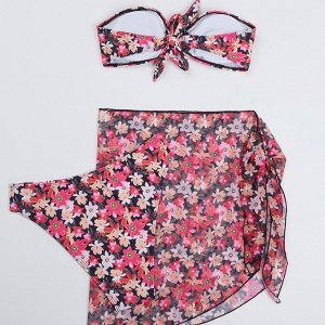Женский пляжный комплект: купальник-бандо (лиф со съемными чашками + трусики-бикини) + юбка-накидка, с цветочным принтом, красный/черный