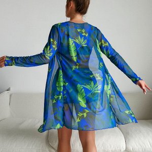 Женский пляжный комплект: раздельный купальник (лиф-топ со съемными чашками + трусики-шорты с высокой посадкой) + сетчатая накидка, с принтом, синий/зеленый