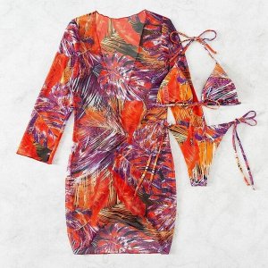 Женский пляжный комплект: раздельный купальник (лиф со съемными чашками + трусики-танга на завязках) + платье-накидка с длинными рукавами и глубоким вырезом, с принтом, пурпурный/оранжевый