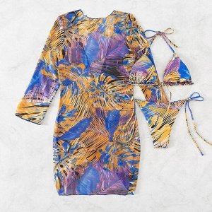 Женский пляжный комплект: раздельный купальник (лиф со съемными чашками + трусики-танга на завязках) + платье-накидка с длинными рукавами и глубоким вырезом, с принтом, фиолетовый/оранжевый