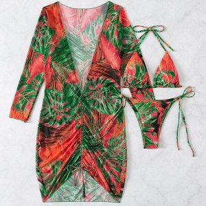 Женский пляжный комплект: раздельный купальник (лиф со съемными чашками + трусики-танга на завязках) + платье-накидка с длинными рукавами и глубоким вырезом, с принтом, красный/зеленый