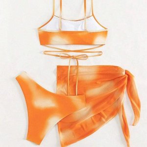 Женский пляжный комплект: раздельный купальник (топ-лиф со съемными чашками + трусики-бикини) + юбка-накидка, с градиентным принтом, оранжевый