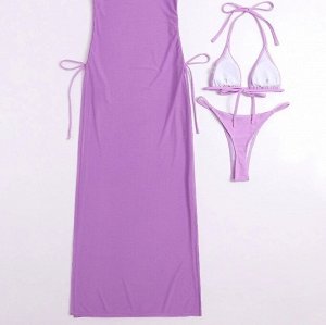 Женский пляжный комплект: раздельный купальник (лиф на завязках и со съемными чашками + трусики-стринги) + удлиненное платье-накидка с разрезами, светло-фиолетовый