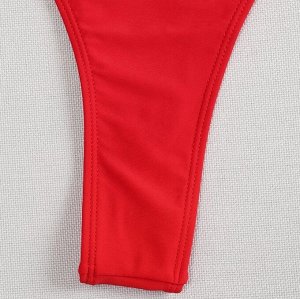 Женский пляжный комплект: раздельный купальник (лиф на завязках и со съемными чашками + трусики-стринги) + удлиненное платье-накидка с разрезами, красный